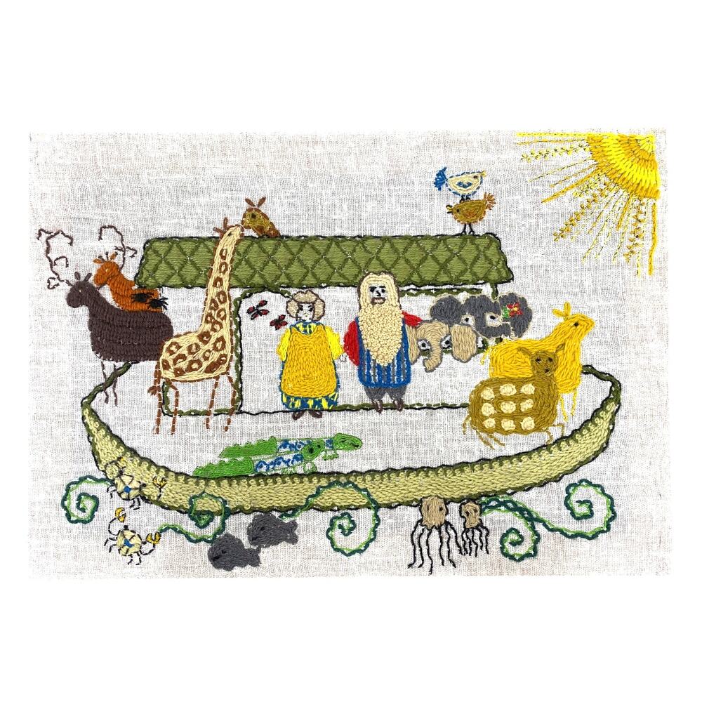 Vintage 1970s Embroidered Noah’s Ark Crewel Stitch Folk Art Nursery Picture